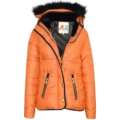 Buy Kids Girls Orange Padded Puffer Jacket Bubble Faux Fur Collar Quilted Coats 3-13 • 11.99£