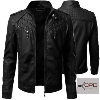 Buy Men's Black Retro Leather Jacket Slim Fit Biker Cafe Racer Jacket • 54.99£