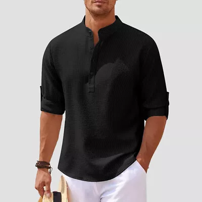 Buy Mens Henley Shirts Ribbed Long Sleeve Casual Loose Buttons Tops T-Shirt Blouse • 14.49£