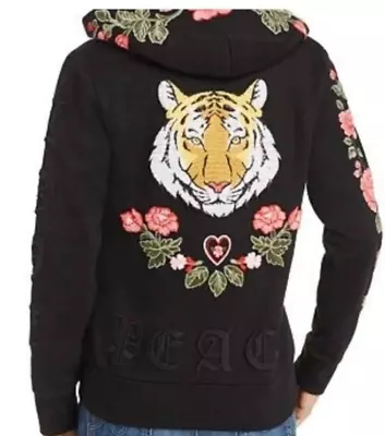Buy Chaser Womens Black Embroidered Tiger Peace Love Floral Rose Hoodie Size M • 36.67£
