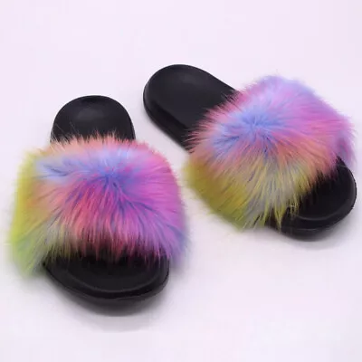 Buy Ladie Womens Fluffy Fur Luxury Slides Summer Flat Sandals Size Sliders Slipper* • 15.72£