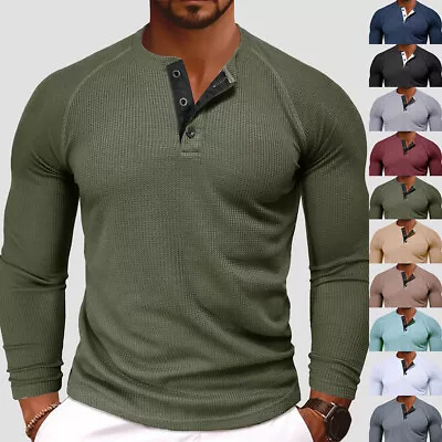Buy Mens Ribbed Henley Shirts Long Sleeve Button Grandad Plain Casual Tops T-Shirt • 3.79£