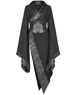 Buy Punk Rave Gothic Apocalyptic Asymmetric Kimono Dress Jacket & Corset Belt Black • 124.99£