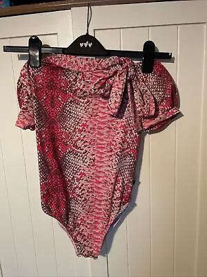 Buy SKARA Red Pink Snakeskin Print Short Sleeve Tie Detail Stretch Body Size 6 • 5£