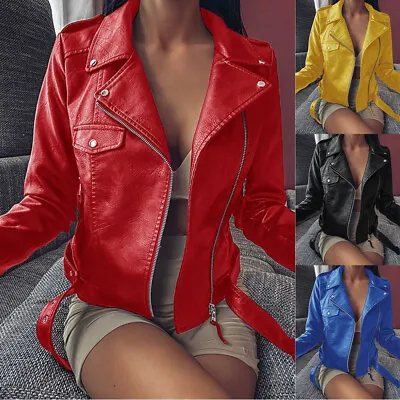 Buy Women PU Leather Coat Biker Jacket Shacket Formal Faux PU Zip Slim Fit Overcoat • 27.59£