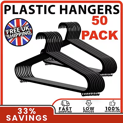Buy 50 Adult Black Coat Hangers Hanger Coathanger Strong Plastic Clothes Trouser • 6.95£