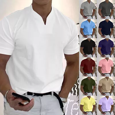 Buy Mens V Neck Grandad T-Shirt Tops Short Sleeve Slim Casual Designer Henley Shirts • 2.39£