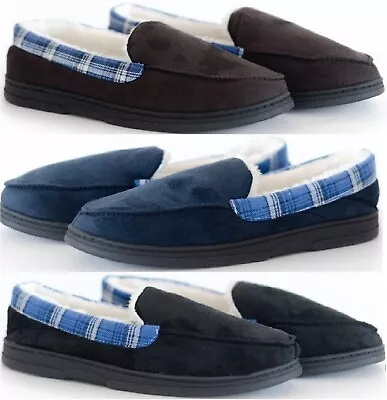Buy Mens Moccasins Checked Warm Faux Suede Sheepskin Fur Lined Winter Slippers Shoes • 7.99£