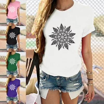 Buy Ladies T-Shirt Short Sleeve Tops Boho Moon And Sun Printed Work Loose Fit Women • 10.79£