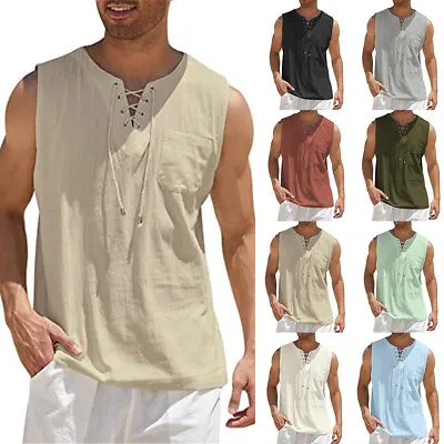 Buy Cotton Linen Mens Tank Top Vest Summer Muscle Training Gym Plain Tee Shirt M-3XL • 11.39£