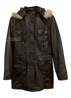 Buy Ladies MOSCOW Brown SOFT HOODED Parka Real Lambskin Leather Jacket Coat 9940 • 41.65£