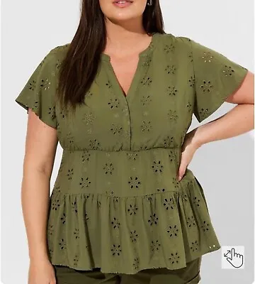 Buy Torrid Womens Plus Size 1X Olive Green Babydoll Floral Eyelet Tiered Top Blouse • 33.76£