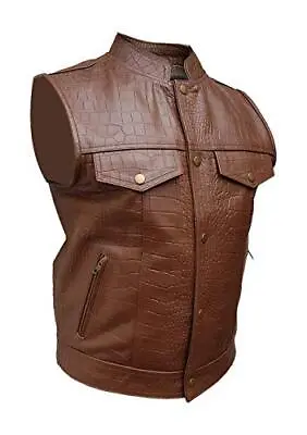 Buy Mens Motorcycle Bikers Vest Brown Crocodile Print Real Leather Waistcoat Jacket • 64.99£