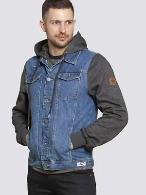 Buy Mens Hooded Denim Plus Big Jacket With Button Front & Grey Jersey Sleeves 2XL 6X • 42.99£