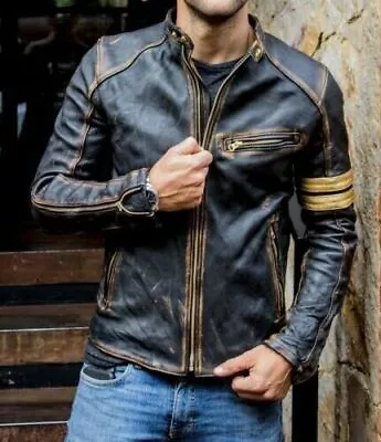 Buy Men Distressed Black Cafe Racer Vintage Slim Fit Retro Biker Real Leather Jacket • 29.99£