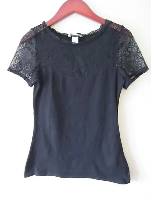 Buy H&m Size S 8 Top Black Blouse Lace Detail Tee T Shirt Tshirt Mesh See Through • 6.50£