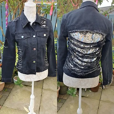 Buy Misguided Uk 4 (Approx Size 6) Black Distressed Sequin Backed Denim Jacket • 4.50£