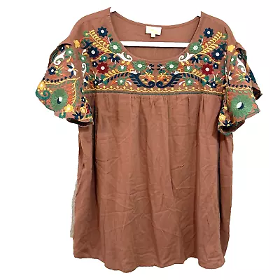 Buy Layerz Clothing Peasant Tan  Floral Embroidery Top Flutter Sleeve Fiesta XL • 29.91£