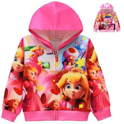 Buy Super Mario Bros Princess Peach Kids Girl Hooded Coat Zip Hoodie Jacket Outwear • 11.92£