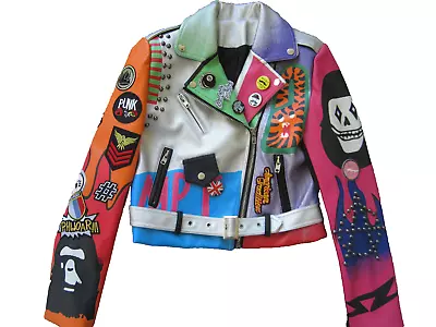 Buy Punk Moto Jacket Graffiti Studded Painted Patches Buttons Faux Leather • 86.85£