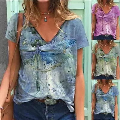 Buy Women Summer V Neck Blouse Tunic Tops Pullover Casual Dragonflies Loose T-Shirts • 10.19£