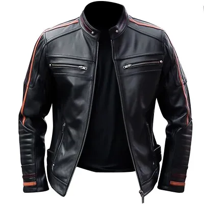 Buy Men’s Biker Vintage Cafe Racer Black Genuine Leather Jacket • 78.77£