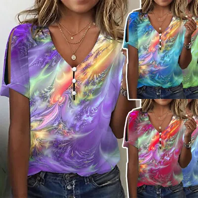 Buy Summer Tops T-Shirts Blouse Short Sleeve Ladies Tee Fashon Buttons Tie-dye / • 12.48£