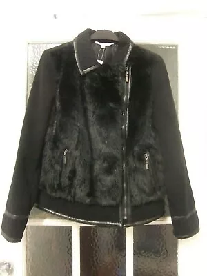 Buy Black Jacket With Faux Fur On Front And Leather Look Trims.size UK10. • 35£