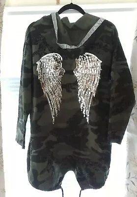 Buy Made In Italy Khaki Combat  Hoody Top Fits Plus Size Sequin Angel Wings On Back • 5.99£