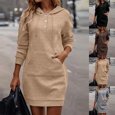 Buy Womens Sweatshirt Hoodies Dress Ladies Long Sleeve Ribbed Hooded Jumper Dresses • 10.19£