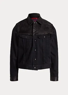 Buy Ralph Lauren Purple Label Clyde Black Leather Denim Moto Biker Jacket Size Large • 700£