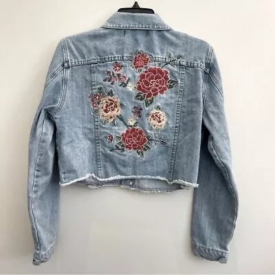 Buy Forever 21 Denim Jacket Cropped Embroidered Floral Raw Hem Womens Large Festival • 24.10£
