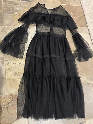 Buy Vintage Goth Sexy Evening Y2K Black Sheer Mesh Lace Long Maxi Midi Dress S XS • 74.81£
