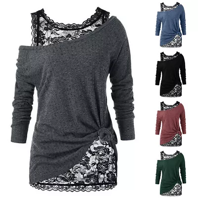 Buy Womens Lace Cold Shoulder Tunic Tops Lady Long Sleeve Double Layer Casual Blouse • 8.49£