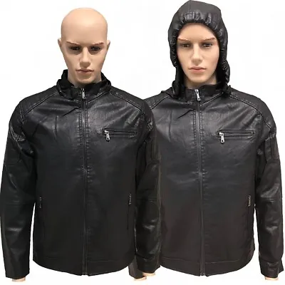 Buy Mens New Faux Leather Jacket Biker With Detachable Hood Black Lined Sz S M L XL • 43.67£