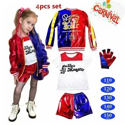 Buy Girls Suicide Squad Harley Quinn Kids 4 PCS Fancy Dress Cosplay Top Costume • 10.95£