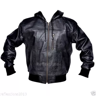 Buy Mens Hood Leather Jacket Soft Fashion Trendy Casual Boys Leather Bomber Jacket • 104.84£