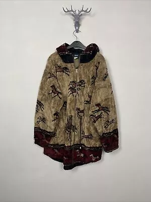 Buy Vintage USA Navajo 90s Fleece Western Horses Hooded Colourful Jacket Coat Medium • 46.99£