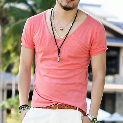 Buy Mens Wide Neck T Shirts Cotton V-Neck Slim Short Sleeve Fashion Casual Tees Top • 11.99£