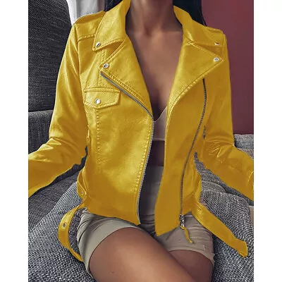Buy Ladies Faux PU Leather Zip Formal Coat Women's Biker Jacket Slim Plus Size UK • 35.39£