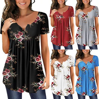 Buy Women Floral Tunic Tops T-shirt Ladies Button Short Sleeve V Neck Casual Blouse • 9.89£