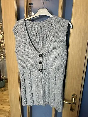 Buy Size 14/16 Hand Knit Sleeveless Cardigan Grey Button Up Vest Jumper Waistcoat • 5£