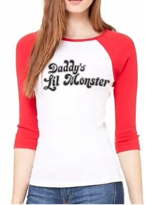 Buy Daddy's Little Monster Baseball Raglan T-Shirt Top Halloween Harley Quinn • 12.99£