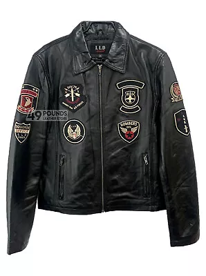 Buy Mens Biker Style Real Leather Jacket Black Badges Jet Fighter Pilot Jacket LD-75 • 41.65£