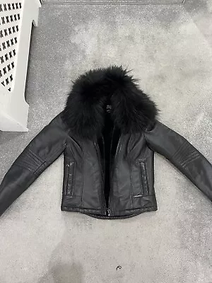 Buy Black Leather Biker Jacket With Reak Fur Collar Size Small RRP £400 • 100£