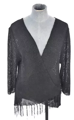 Buy Black Wrap Jumper Fringe Hem Di Moda V Neck Lightweight Sweater Unusual Size XL • 12.99£