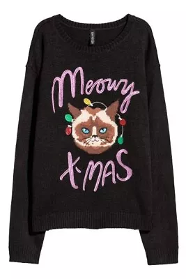 Buy H&M Women Christmas Jumper Knit Sweater Size S Small Black Colour With Cat Xmas • 19.99£