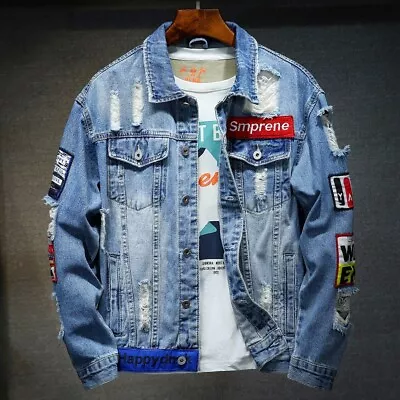 Buy Men's Spring And Autumn New Denim Jacket Loose Casual Ripped Denim JacketH1 • 39.77£
