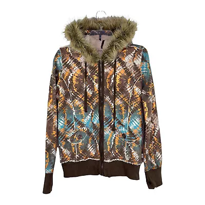 Buy Self Esteem Metallic Brown Print Long Sleeve Faux Fur Hood Jacket Women's Sz L • 17.04£