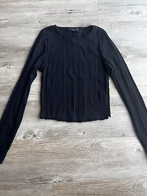 Buy New Look Long Sleeve Round Neck  Ribbed Black Top Size UK 10 • 5£
